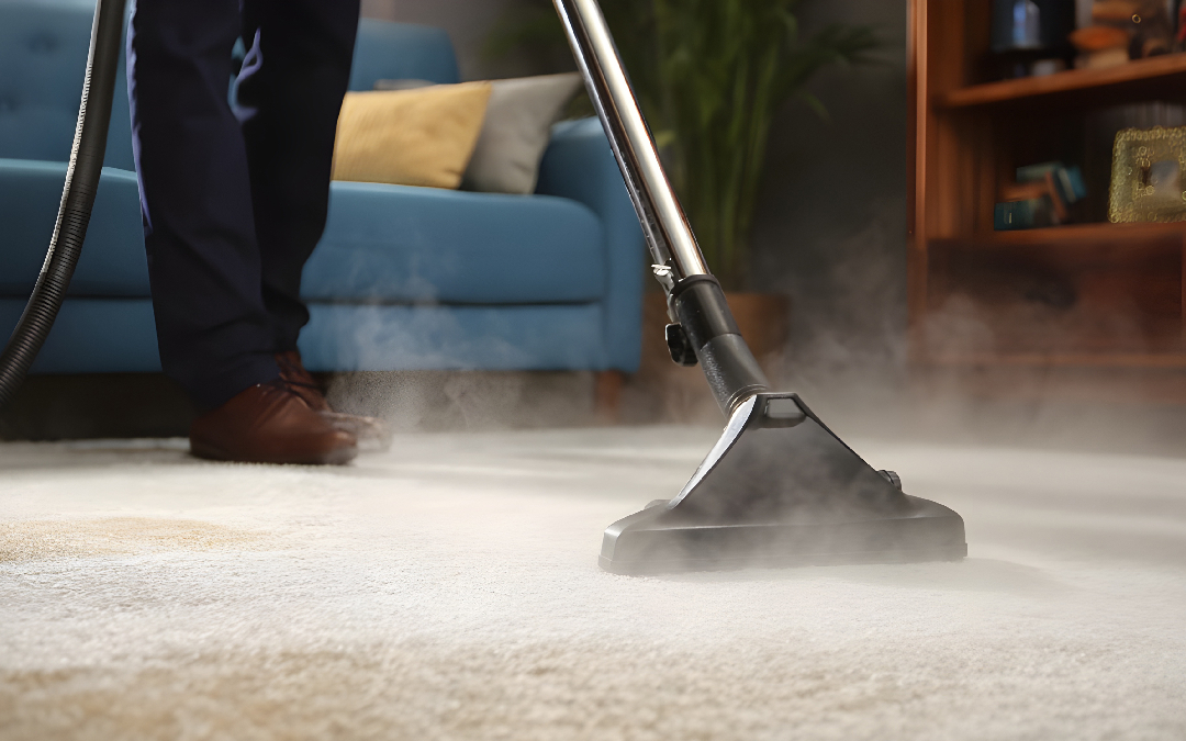 A professional technician using a steam cleaner wand on a light-colored living room carpet.