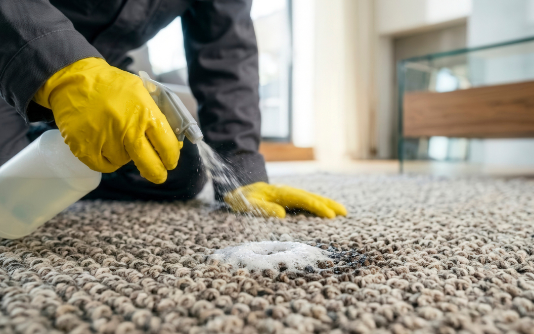 A professional carpet cleaner applying a targeted foam stain remover solution to treat a stubborn carpet spot.