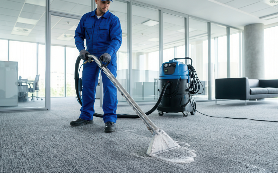A certified technician using an industrial hot-water extraction cleaner for deep carpet and area rug cleaning.